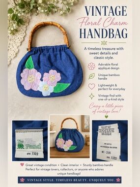 Handcrafted Blue Floral Appliqué Bamboo-Handle Tote